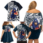 Personalized Carlton Blues Family Matching Off Shoulder Short Dress and Hawaiian Shirt Polynesian Tribal Baggers Mascot With Hibiscus Floral Art