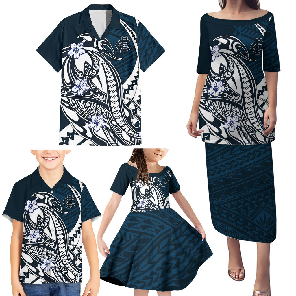 Personalized Carlton Blues Family Matching Puletasi and Hawaiian Shirt Polynesian Tribal Baggers Mascot With Hibiscus Floral Art
