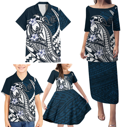 Personalized Carlton Blues Family Matching Puletasi and Hawaiian Shirt Polynesian Tribal Baggers Mascot With Hibiscus Floral Art