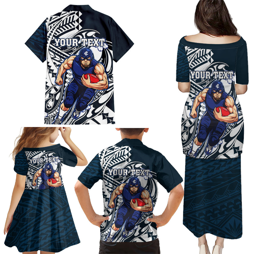 Personalized Carlton Blues Family Matching Puletasi and Hawaiian Shirt Polynesian Tribal Baggers Mascot With Hibiscus Floral Art