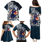 Personalized Carlton Blues Family Matching Puletasi and Hawaiian Shirt Polynesian Tribal Baggers Mascot With Hibiscus Floral Art