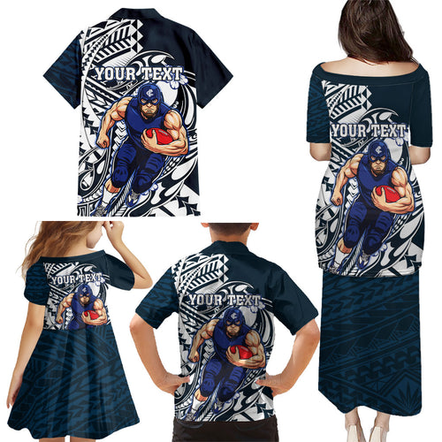 Personalized Carlton Blues Family Matching Puletasi and Hawaiian Shirt Polynesian Tribal Baggers Mascot With Hibiscus Floral Art