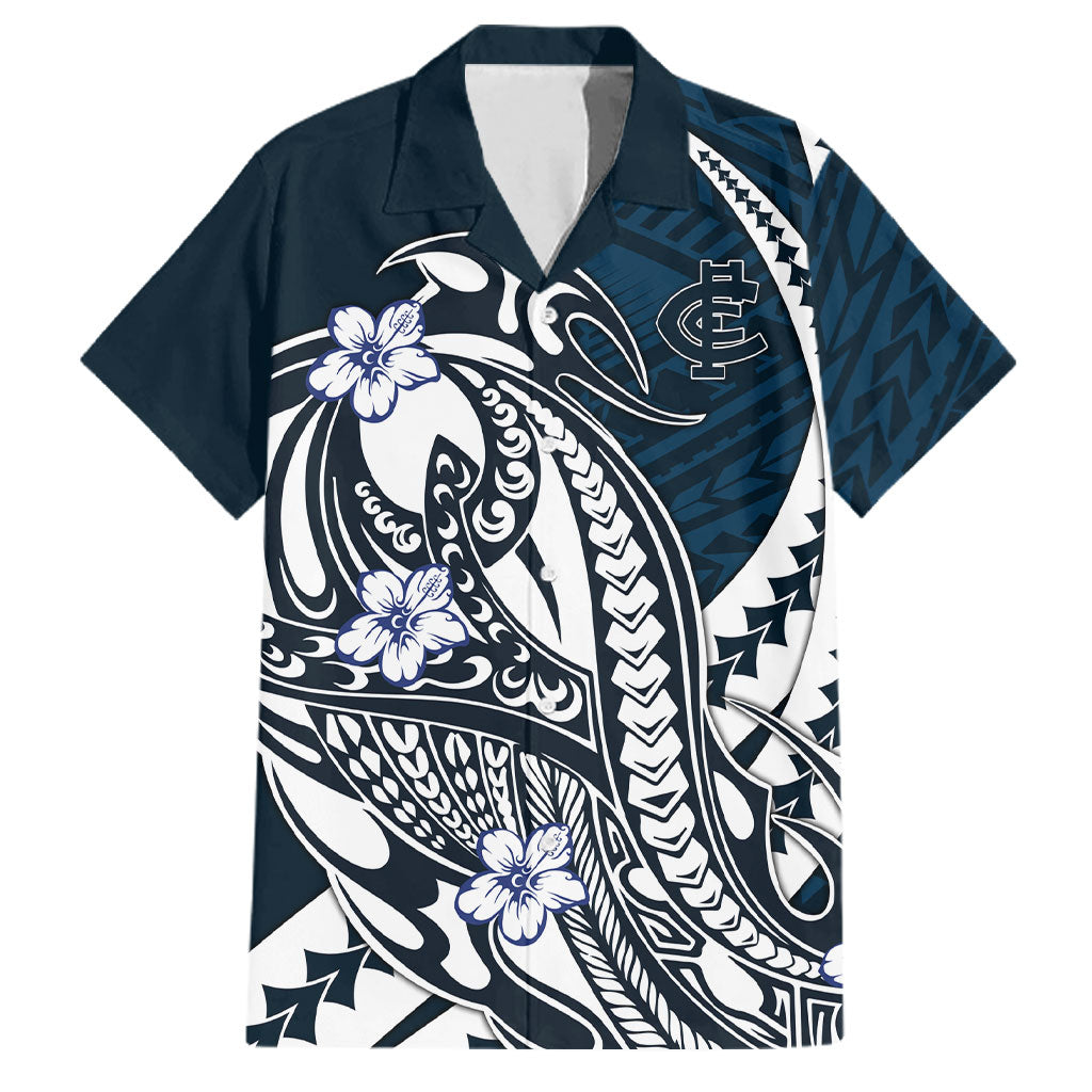 Personalized Carlton Blues Family Matching Puletasi and Hawaiian Shirt Polynesian Tribal Baggers Mascot With Hibiscus Floral Art