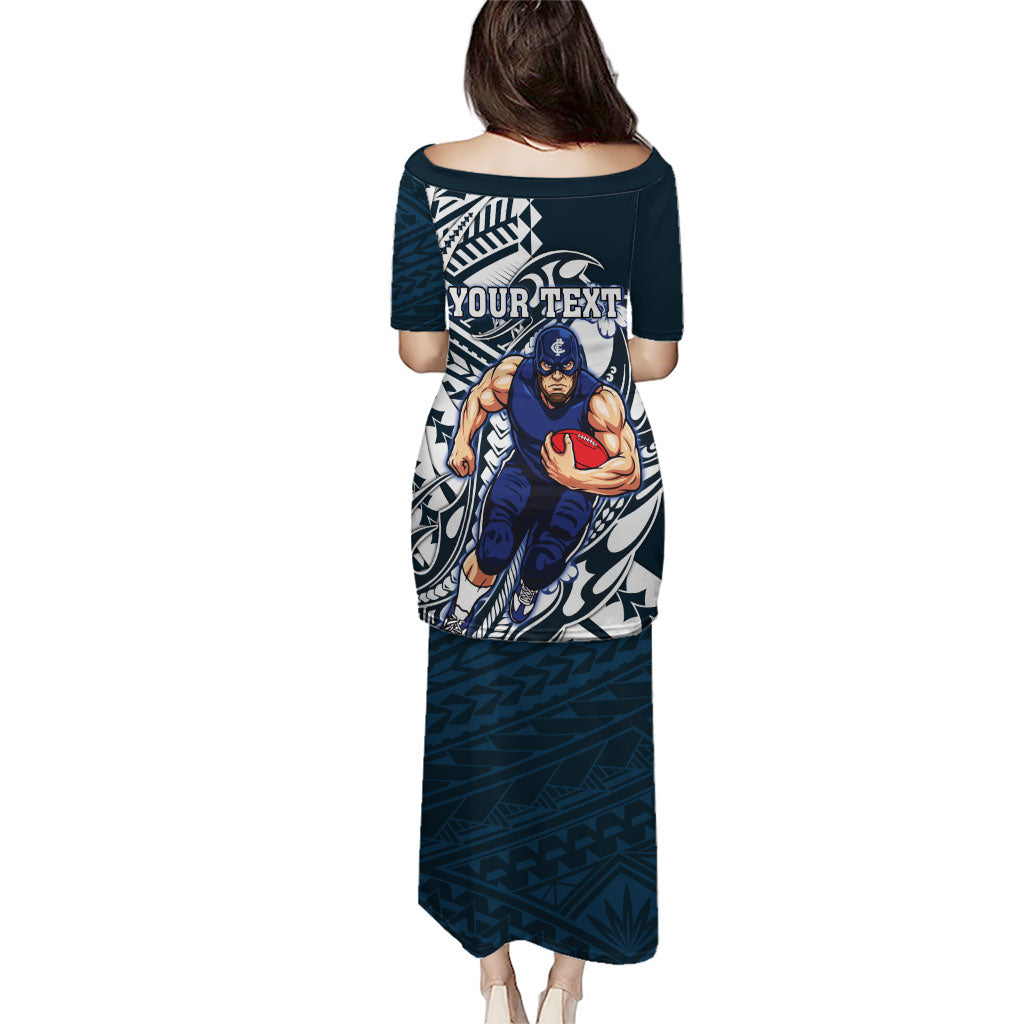 Personalized Carlton Blues Family Matching Puletasi and Hawaiian Shirt Polynesian Tribal Baggers Mascot With Hibiscus Floral Art