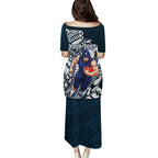 Personalized Carlton Blues Family Matching Puletasi and Hawaiian Shirt Polynesian Tribal Baggers Mascot With Hibiscus Floral Art