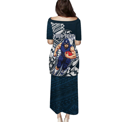 Personalized Carlton Blues Family Matching Puletasi and Hawaiian Shirt Polynesian Tribal Baggers Mascot With Hibiscus Floral Art