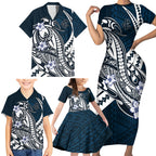 Personalized Carlton Blues Family Matching Short Sleeve Bodycon Dress and Hawaiian Shirt Polynesian Tribal Baggers Mascot With Hibiscus Floral Art