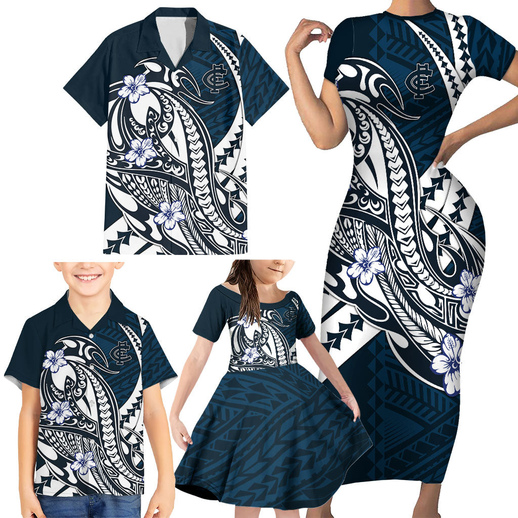 Personalized Carlton Blues Family Matching Short Sleeve Bodycon Dress and Hawaiian Shirt Polynesian Tribal Baggers Mascot With Hibiscus Floral Art