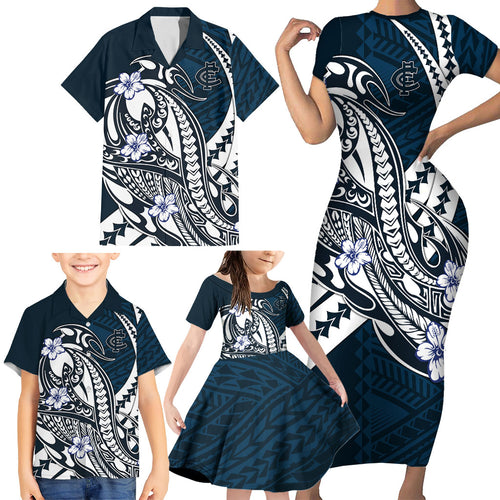 Personalized Carlton Blues Family Matching Short Sleeve Bodycon Dress and Hawaiian Shirt Polynesian Tribal Baggers Mascot With Hibiscus Floral Art