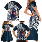 Personalized Carlton Blues Family Matching Short Sleeve Bodycon Dress and Hawaiian Shirt Polynesian Tribal Baggers Mascot With Hibiscus Floral Art