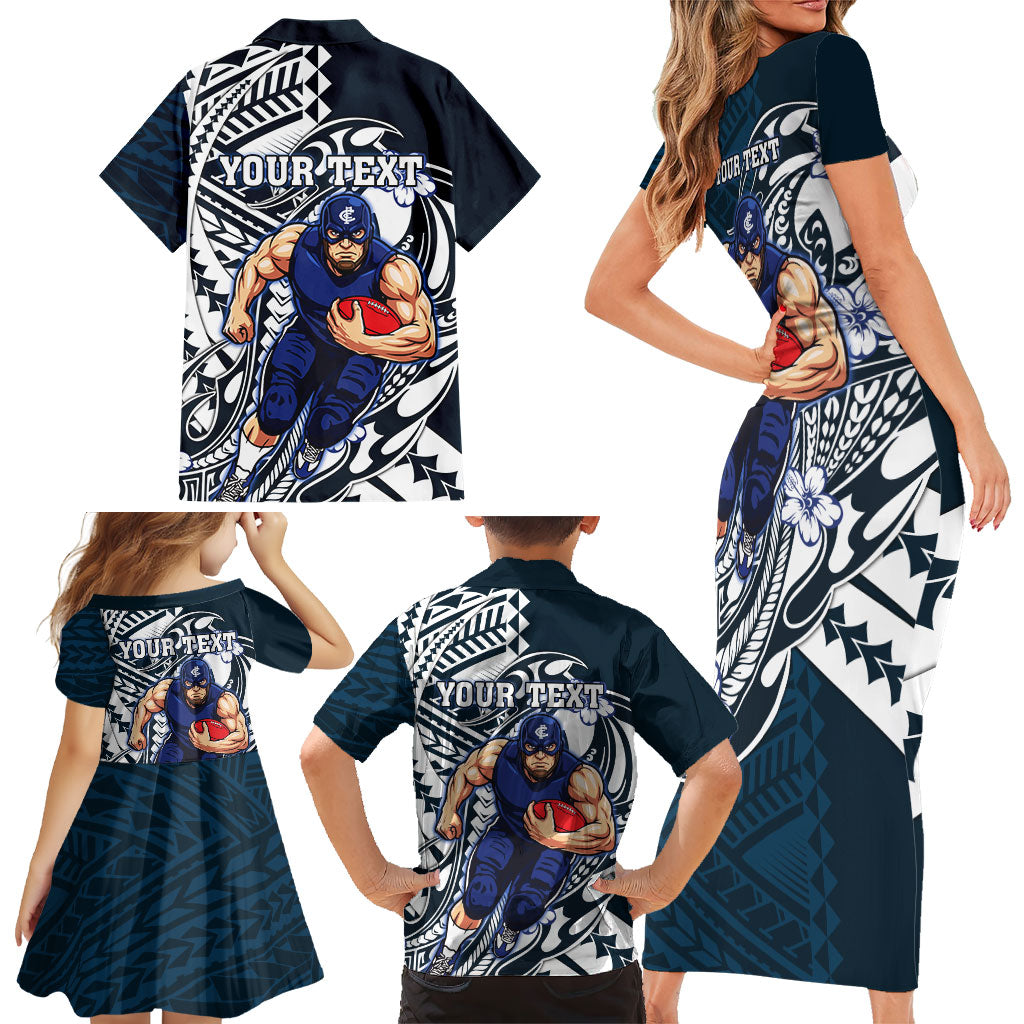 Personalized Carlton Blues Family Matching Short Sleeve Bodycon Dress and Hawaiian Shirt Polynesian Tribal Baggers Mascot With Hibiscus Floral Art