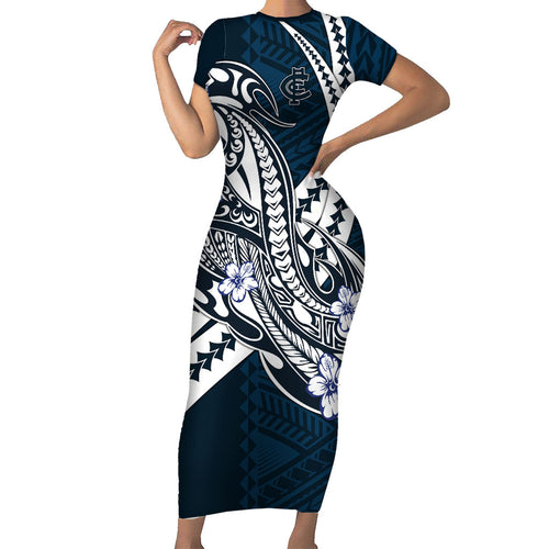 Personalized Carlton Blues Family Matching Short Sleeve Bodycon Dress and Hawaiian Shirt Polynesian Tribal Baggers Mascot With Hibiscus Floral Art