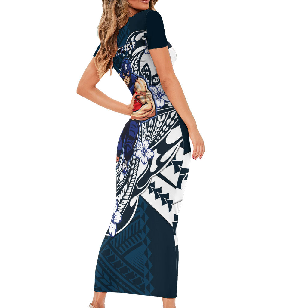 Personalized Carlton Blues Family Matching Short Sleeve Bodycon Dress and Hawaiian Shirt Polynesian Tribal Baggers Mascot With Hibiscus Floral Art