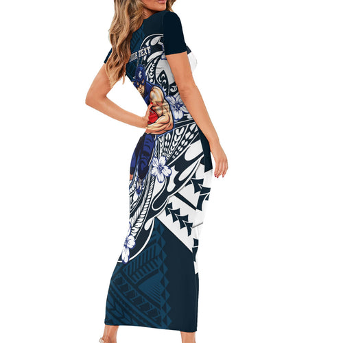 Personalized Carlton Blues Family Matching Short Sleeve Bodycon Dress and Hawaiian Shirt Polynesian Tribal Baggers Mascot With Hibiscus Floral Art