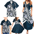 Personalized Carlton Blues Family Matching Summer Maxi Dress and Hawaiian Shirt Polynesian Tribal Baggers Mascot With Hibiscus Floral Art