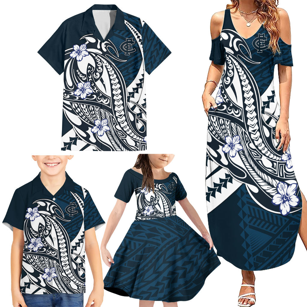 Personalized Carlton Blues Family Matching Summer Maxi Dress and Hawaiian Shirt Polynesian Tribal Baggers Mascot With Hibiscus Floral Art