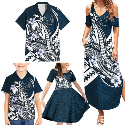 Personalized Carlton Blues Family Matching Summer Maxi Dress and Hawaiian Shirt Polynesian Tribal Baggers Mascot With Hibiscus Floral Art