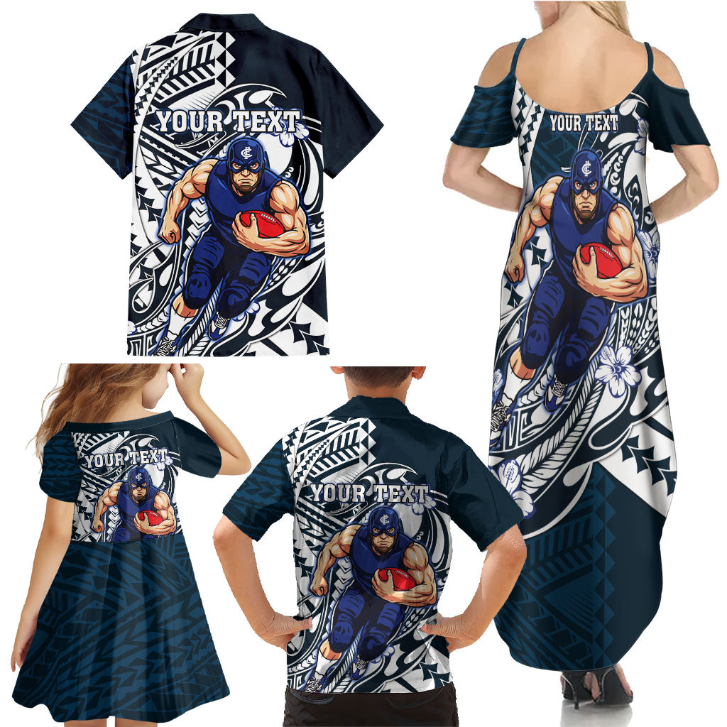 Personalized Carlton Blues Family Matching Summer Maxi Dress and Hawaiian Shirt Polynesian Tribal Baggers Mascot With Hibiscus Floral Art