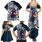 Personalized Carlton Blues Family Matching Summer Maxi Dress and Hawaiian Shirt Polynesian Tribal Baggers Mascot With Hibiscus Floral Art