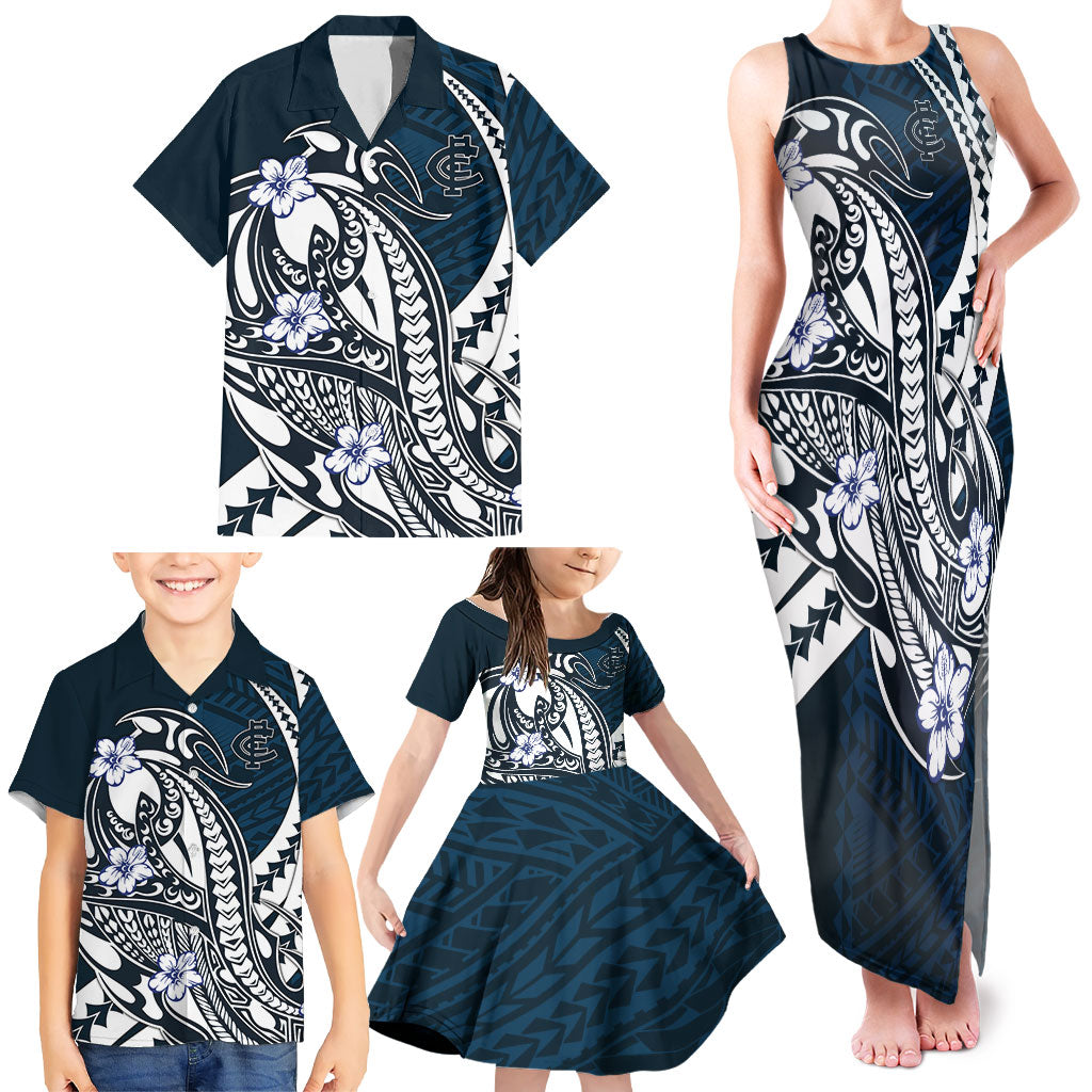 Personalized Carlton Blues Family Matching Tank Maxi Dress and Hawaiian Shirt Polynesian Tribal Baggers Mascot With Hibiscus Floral Art