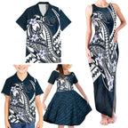 Personalized Carlton Blues Family Matching Tank Maxi Dress and Hawaiian Shirt Polynesian Tribal Baggers Mascot With Hibiscus Floral Art