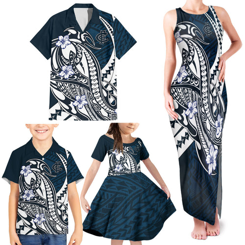 Personalized Carlton Blues Family Matching Tank Maxi Dress and Hawaiian Shirt Polynesian Tribal Baggers Mascot With Hibiscus Floral Art