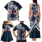 Personalized Carlton Blues Family Matching Tank Maxi Dress and Hawaiian Shirt Polynesian Tribal Baggers Mascot With Hibiscus Floral Art