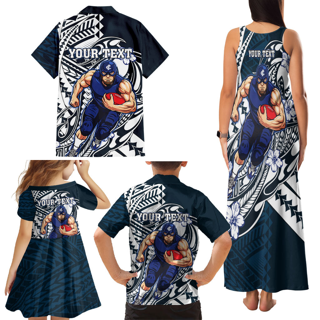 Personalized Carlton Blues Family Matching Tank Maxi Dress and Hawaiian Shirt Polynesian Tribal Baggers Mascot With Hibiscus Floral Art