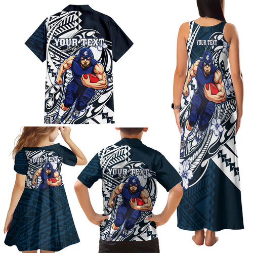 Personalized Carlton Blues Family Matching Tank Maxi Dress and Hawaiian Shirt Polynesian Tribal Baggers Mascot With Hibiscus Floral Art