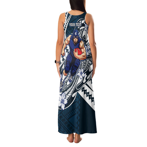 Personalized Carlton Blues Family Matching Tank Maxi Dress and Hawaiian Shirt Polynesian Tribal Baggers Mascot With Hibiscus Floral Art
