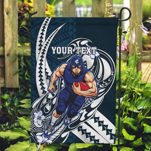 Personalized Carlton Blues Garden Flag Polynesian Tribal Baggers Mascot With Hibiscus Floral Art