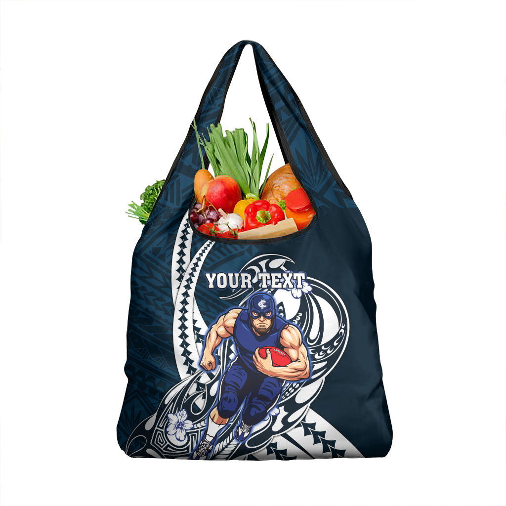 Personalized Carlton Blues Grocery Bag Polynesian Tribal Baggers Mascot With Hibiscus Floral Art