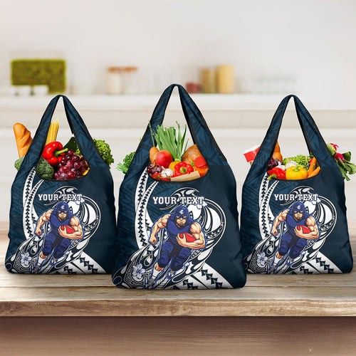 Personalized Carlton Blues Grocery Bag Polynesian Tribal Baggers Mascot With Hibiscus Floral Art