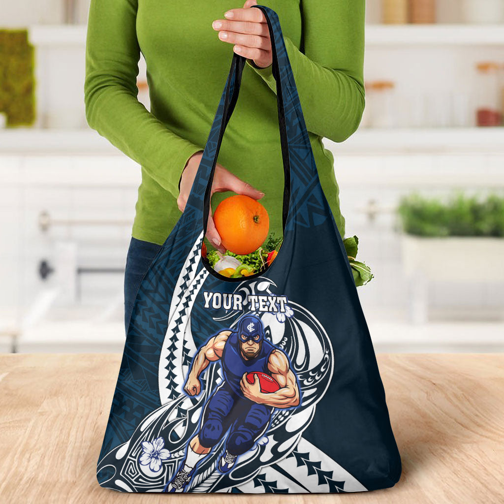 Personalized Carlton Blues Grocery Bag Polynesian Tribal Baggers Mascot With Hibiscus Floral Art
