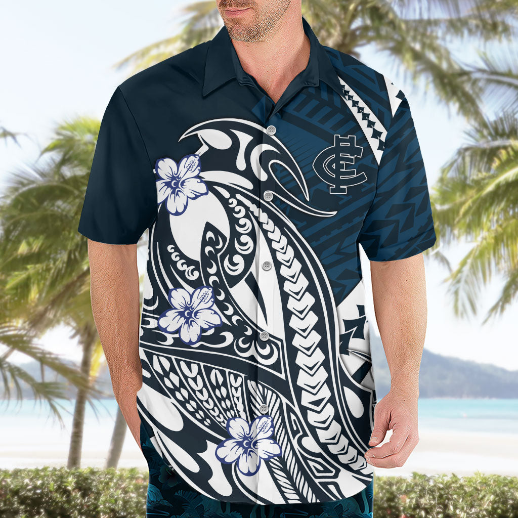Personalized Carlton Blues Hawaiian Shirt Polynesian Tribal Baggers Mascot With Hibiscus Floral Art