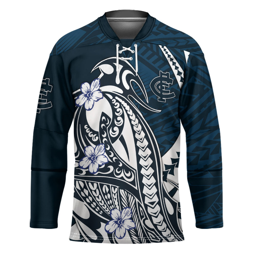 Personalized Carlton Blues Hockey Jersey Polynesian Tribal Baggers Mascot With Hibiscus Floral Art