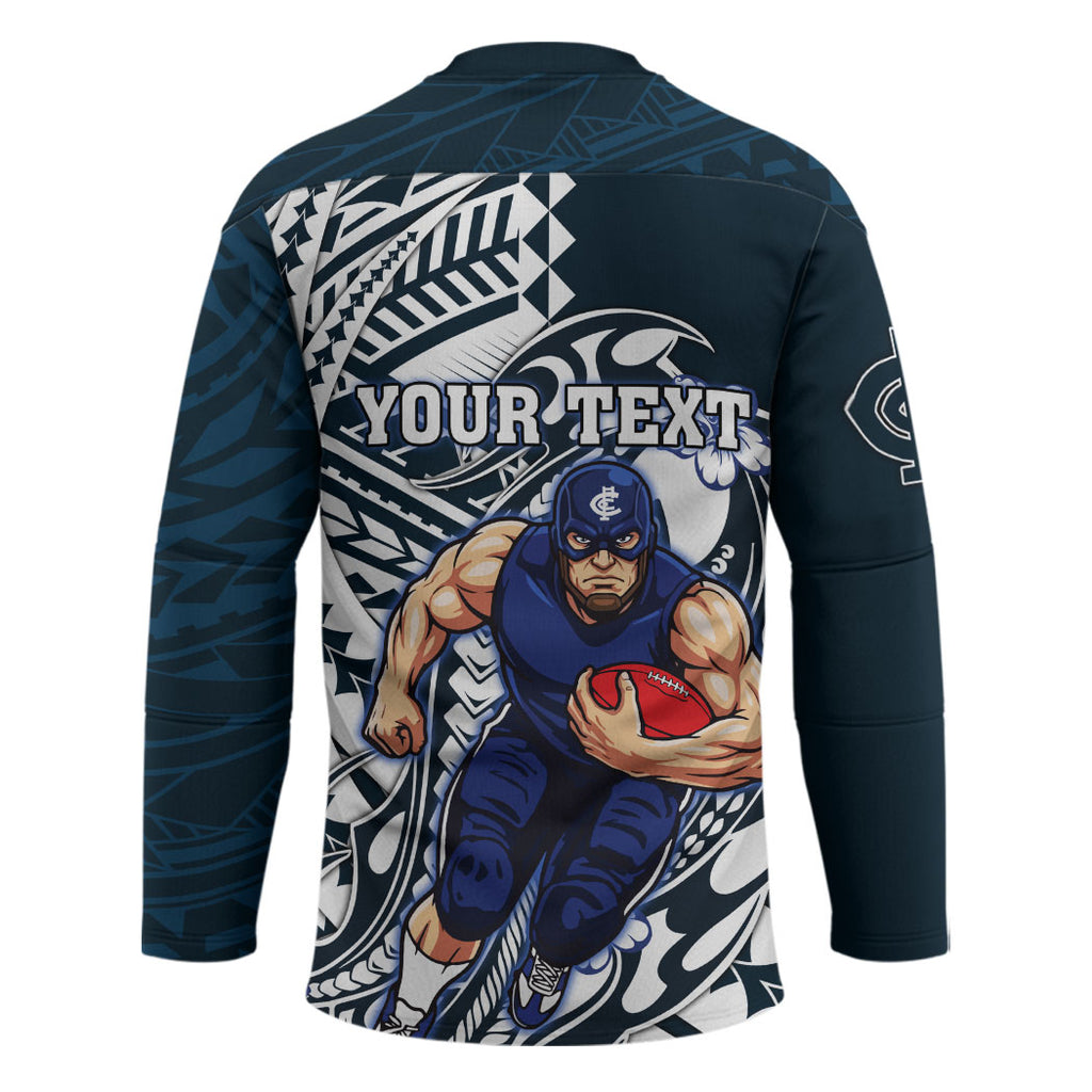 Personalized Carlton Blues Hockey Jersey Polynesian Tribal Baggers Mascot With Hibiscus Floral Art