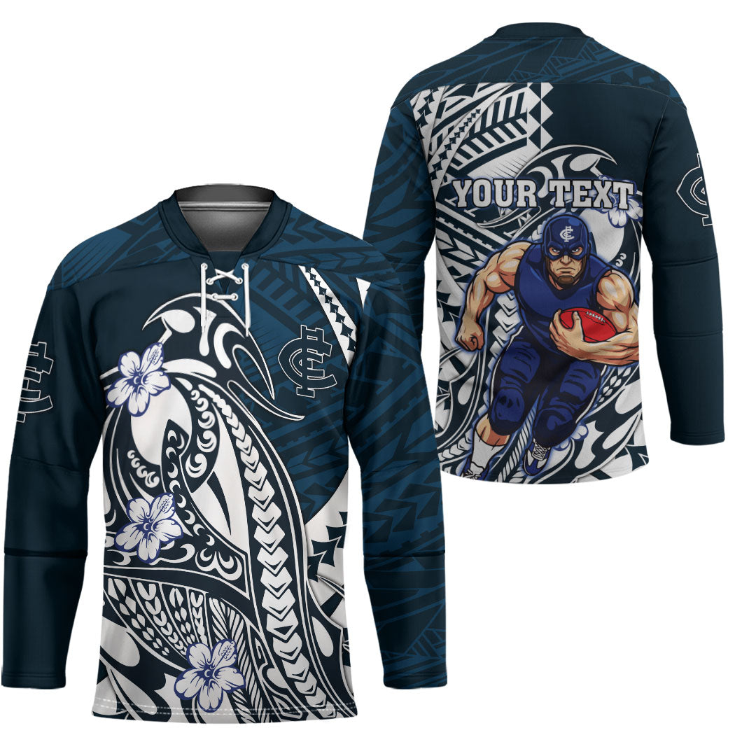 Personalized Carlton Blues Hockey Jersey Polynesian Tribal Baggers Mascot With Hibiscus Floral Art