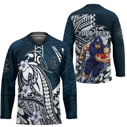 Personalized Carlton Blues Hockey Jersey Polynesian Tribal Baggers Mascot With Hibiscus Floral Art
