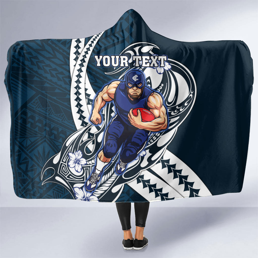 Personalized Carlton Blues Hooded Blanket Polynesian Tribal Baggers Mascot With Hibiscus Floral Art