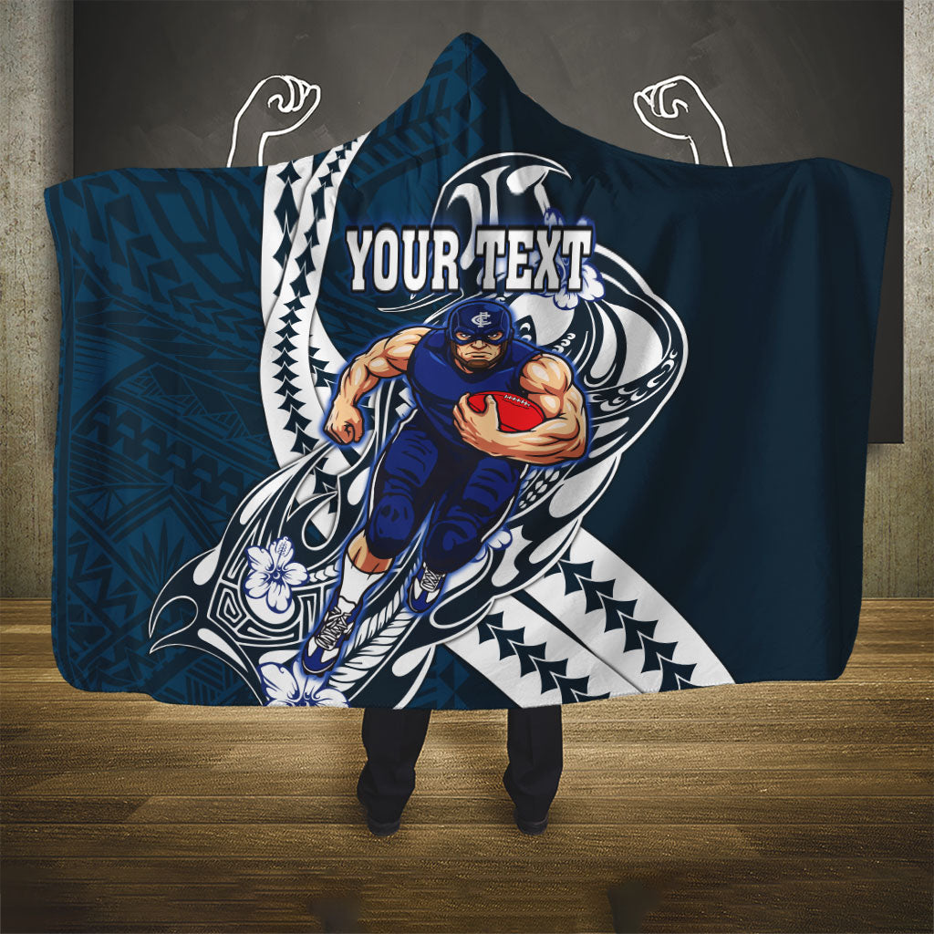 Personalized Carlton Blues Hooded Blanket Polynesian Tribal Baggers Mascot With Hibiscus Floral Art