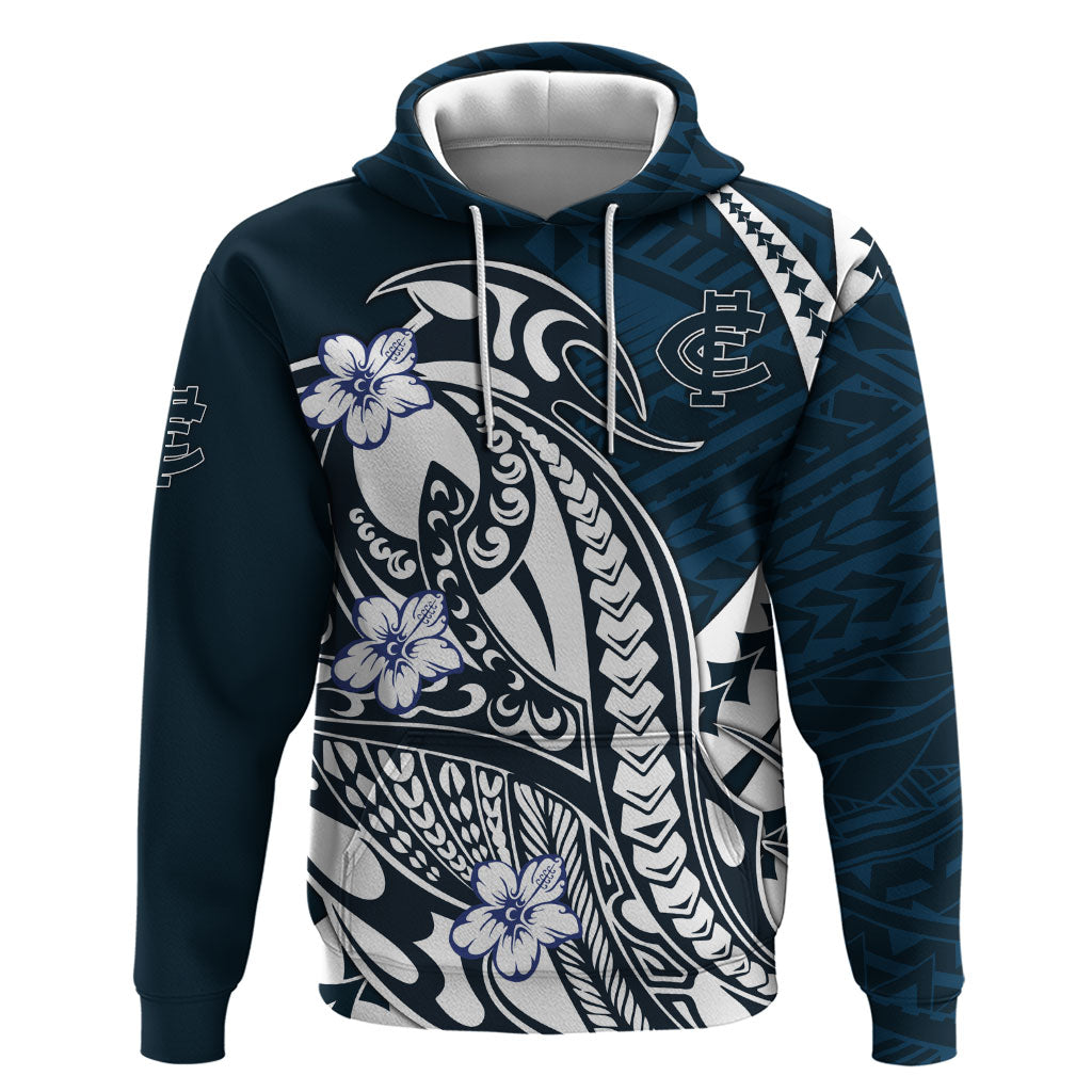 Personalized Carlton Blues Hoodie Polynesian Tribal Baggers Mascot With Hibiscus Floral Art