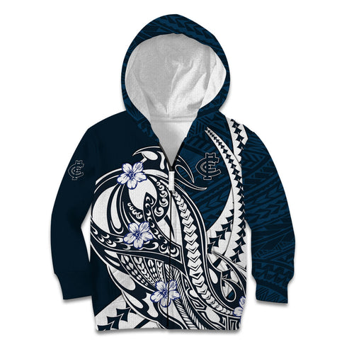 Personalized Carlton Blues Kid Hoodie Polynesian Tribal Baggers Mascot With Hibiscus Floral Art