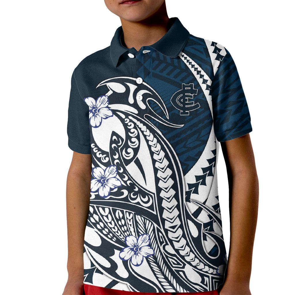Personalized Carlton Blues Kid Polo Shirt Polynesian Tribal Baggers Mascot With Hibiscus Floral Art
