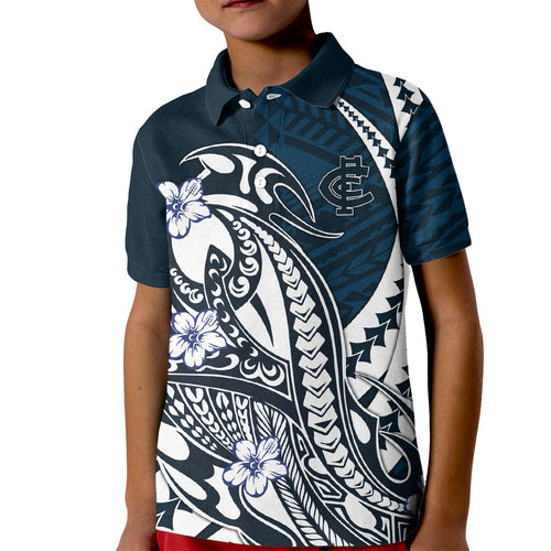 Personalized Carlton Blues Kid Polo Shirt Polynesian Tribal Baggers Mascot With Hibiscus Floral Art