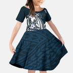Personalized Carlton Blues Kid Short Sleeve Dress Polynesian Tribal Baggers Mascot With Hibiscus Floral Art