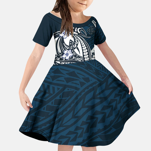 Personalized Carlton Blues Kid Short Sleeve Dress Polynesian Tribal Baggers Mascot With Hibiscus Floral Art