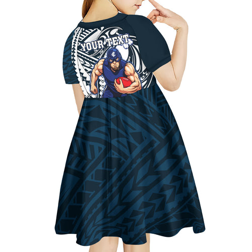 Personalized Carlton Blues Kid Short Sleeve Dress Polynesian Tribal Baggers Mascot With Hibiscus Floral Art