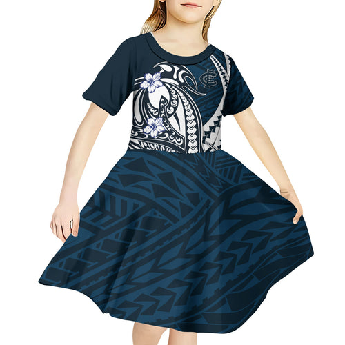 Personalized Carlton Blues Kid Short Sleeve Dress Polynesian Tribal Baggers Mascot With Hibiscus Floral Art