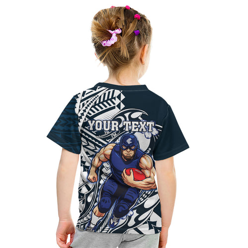Personalized Carlton Blues Kid T Shirt Polynesian Tribal Baggers Mascot With Hibiscus Floral Art